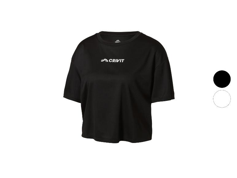 Zwart dames sport T-shirt met korte mouwen en wit logo.