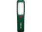 Groen-zwarte werklamp met verlicht LED-paneel en rode aan-uitknop.