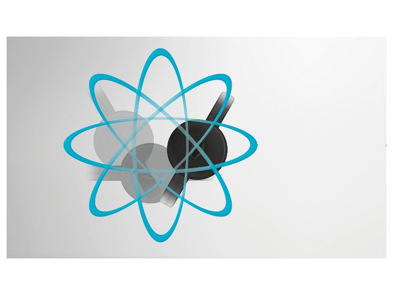 Abstracte atoomweergave met zwarte en grijze vormen.