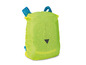 Een groene regenhoes voor een rugzak met blauwe details.