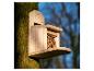 Houten vogelvoederhuisje gevuld met zaden, bevestigd aan een bemoste boomstam.