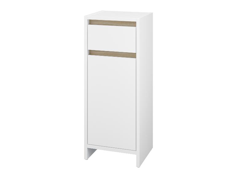 Witte opbergkast met lichte houten lades en deur.