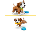 Speelgoedhond van bouwstenen in twee houdingen met een voerbak en een bot.