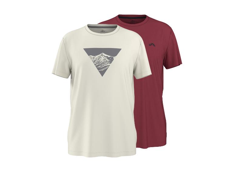 Twee T-shirts met korte mouwen, één crèmekleurig met bergprint en één bordeauxrood.