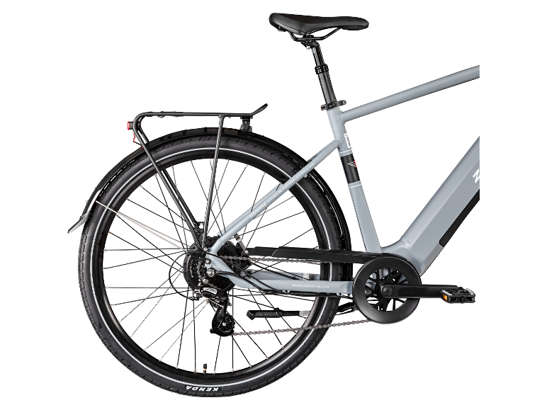 Achterkant van een grijze Zuendapp e-bike met Kenda banden.