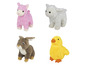 Een roze lama, een wit lam, een bruin konijn en een gele kuiken.