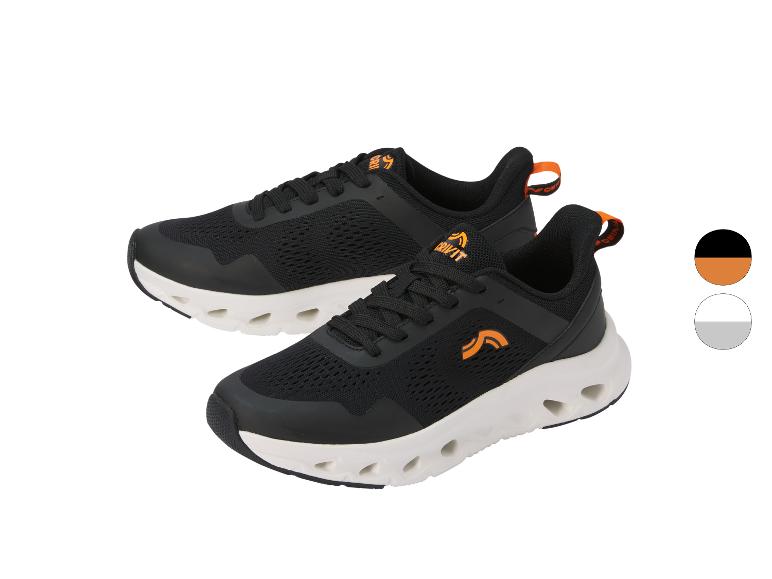 Zwarte sportschoenen met oranje details en witte zool, met een grijze kleuroptie.