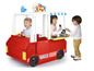 Kinderen spelen met een rode speelgoed foodtruck van Feber.