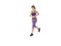 Vrouw rent in paarse sportbeha en camouflageprint capri-legging.