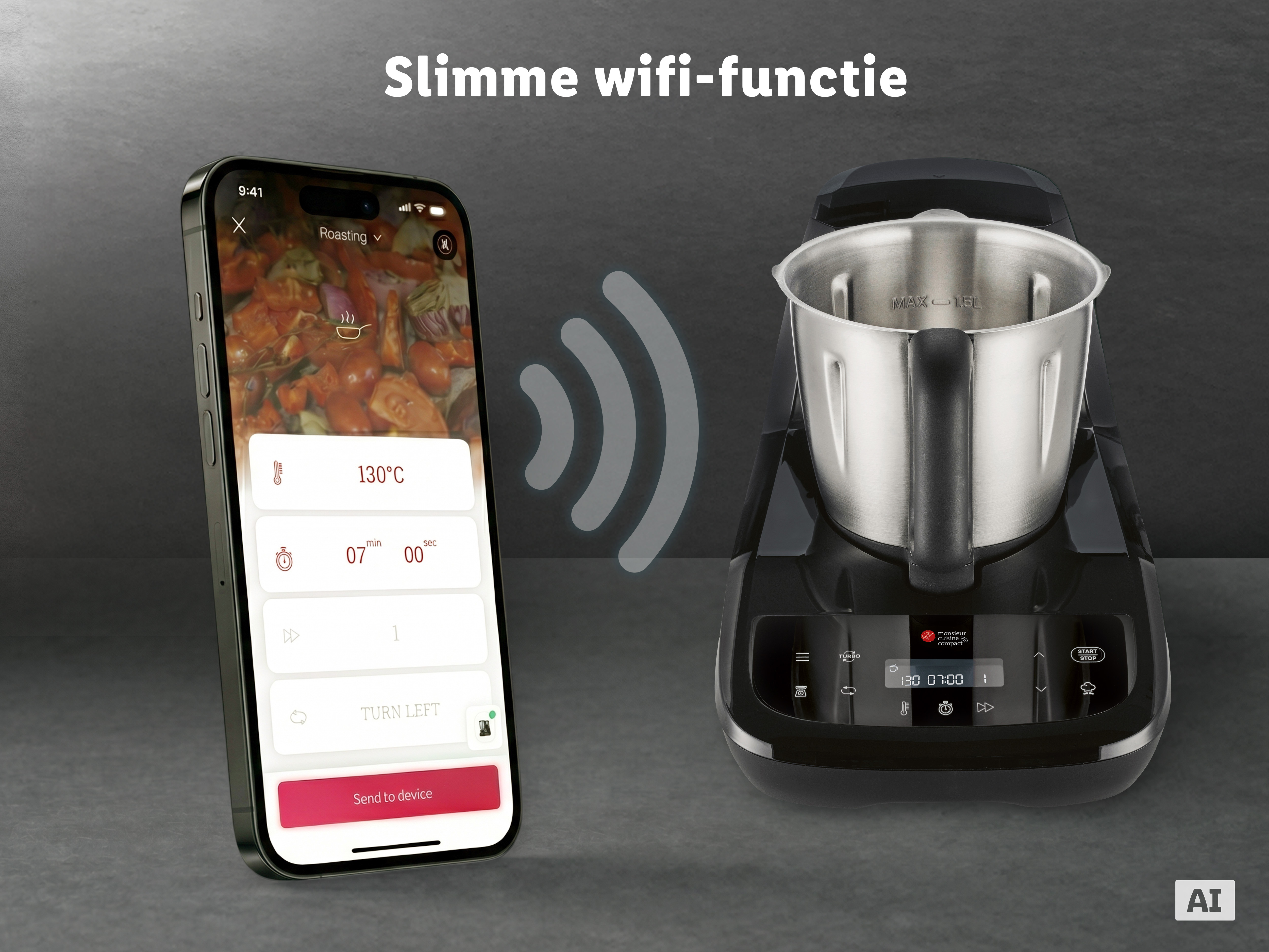 Slimme functies van de Monsieur Cuisine app op een smartphone-display: recepten selecteren, kookstappen pauzeren, weekplanner en boodschappenlijst. (Met AI-watermerk)