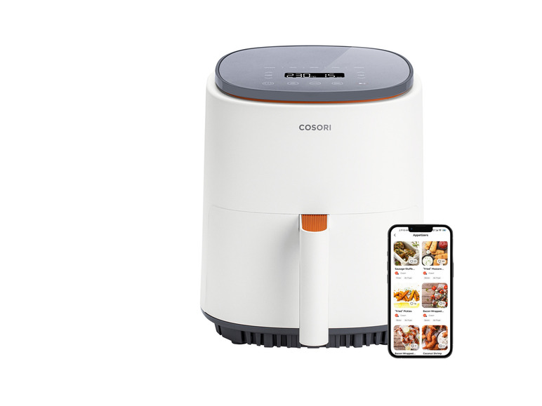 Een witte Cosori airfryer met een smartphone die een recept voor airfryer-hapjes laat zien.