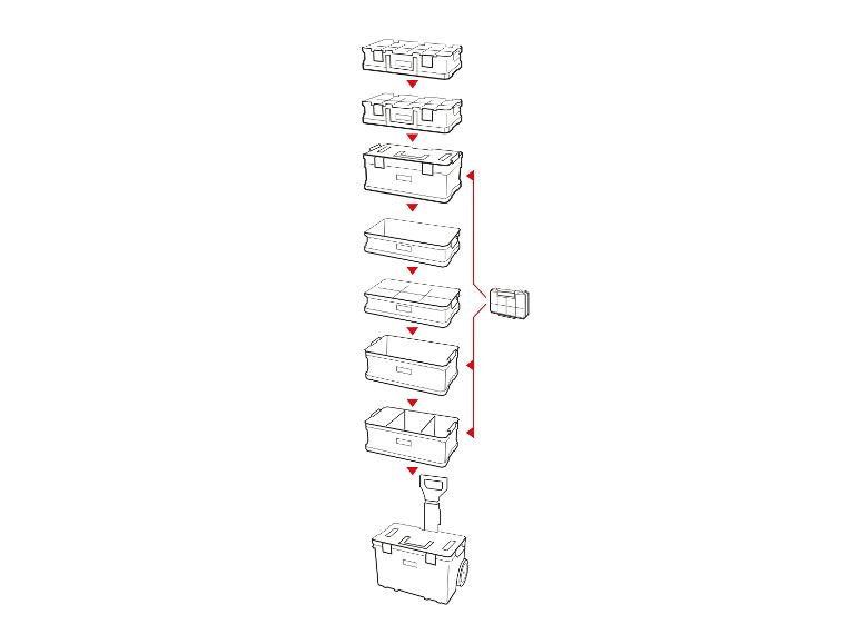 Montageschema van een modulair opbergsysteem met dozen en een trolley.
