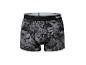 Herenboxershort met abstracte grijs-zwarte print en zwarte elastische tailleband.