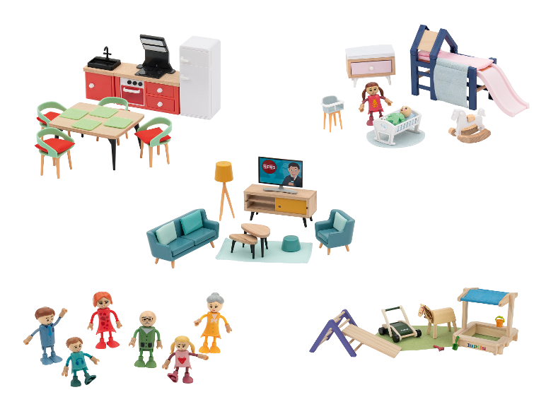 Meubel- en figurensets voor poppenhuizen, inclusief keuken, woonkamer, slaapkamer en speeltuin.