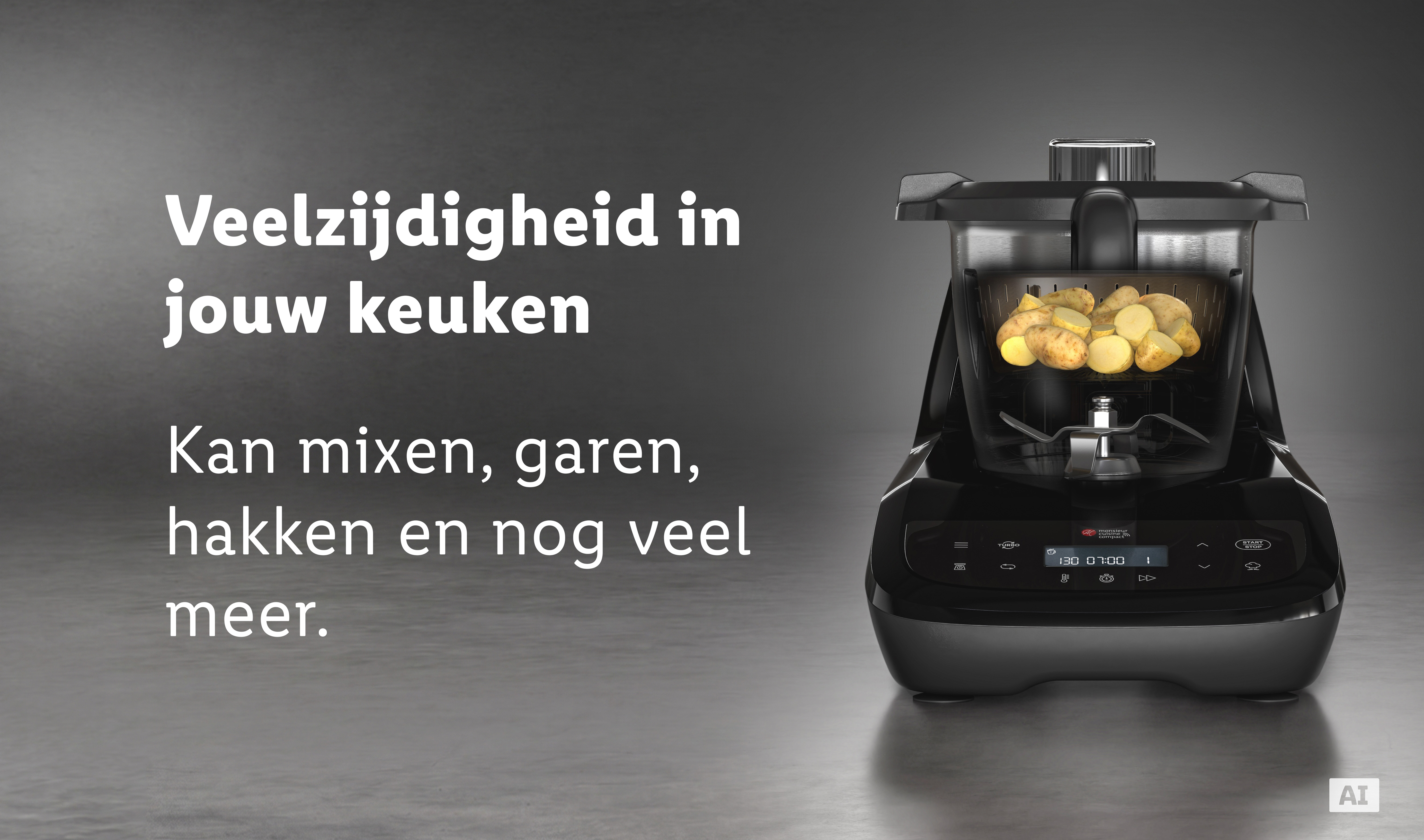 Monsieur Cuisine compact naast een smartphone met geopende Monsieur Cuisine app, die recepten toont. (Met AI-watermerk)
