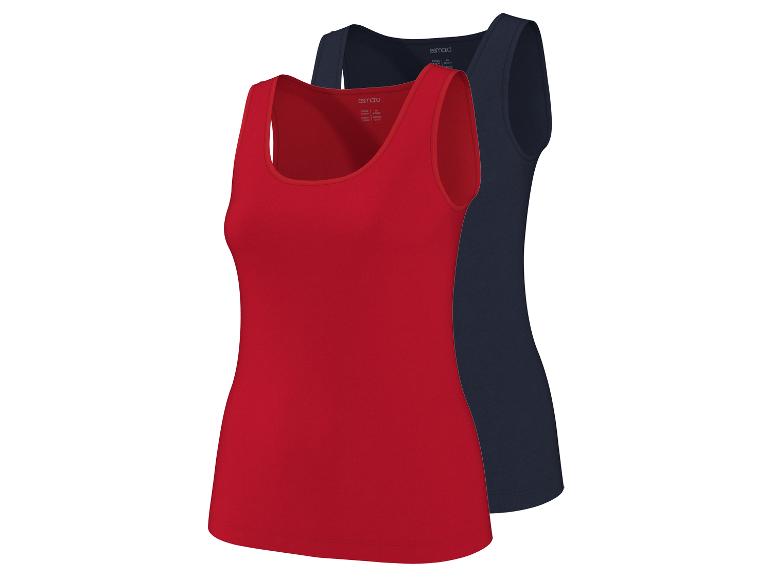 Twee tanktops, één rood en één donkerblauw, met de tekst 'esmara' op de labels.