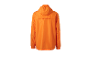 Oranje jas met capuchon, achterkant.