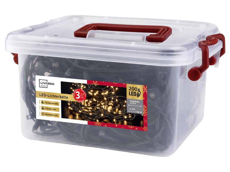 Transparante doos met Livarno Home LED-verlichting, met 200 LED's en een totale lengte van 30 m.