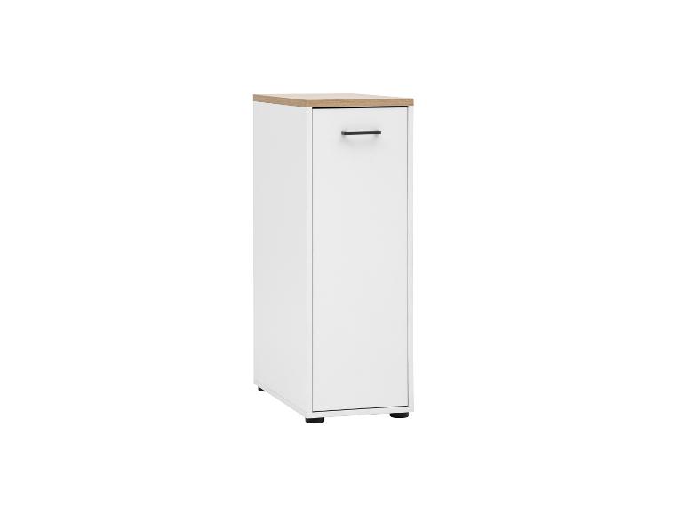 Smalle witte hoge kast met houten blad en zwarte handgreep