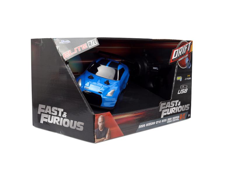 Blauwe op afstand bestuurbare auto in doos, met drift power slide en Fast & Furious-thema