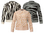 Drie gebreide truien met zebra- en luipaardprint.