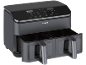 Zwarte dubbele airfryer met digitaal display dat 200°C toont en open lades.