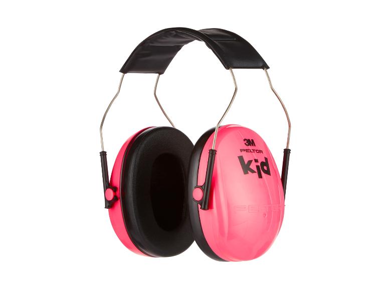 Roze kindergehoorbeschermers met zwarte vulling en verstelbare hoofdband.