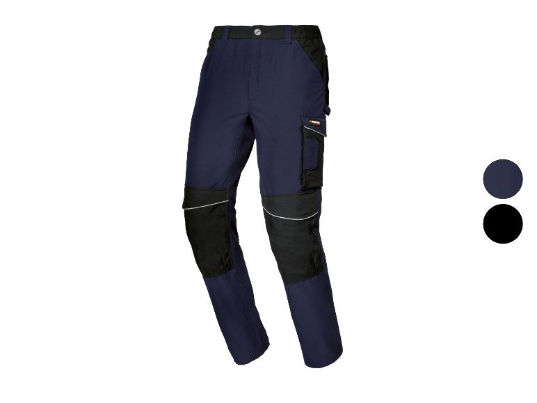 Blauwe werkbroek met zwarte details en zijzakken.