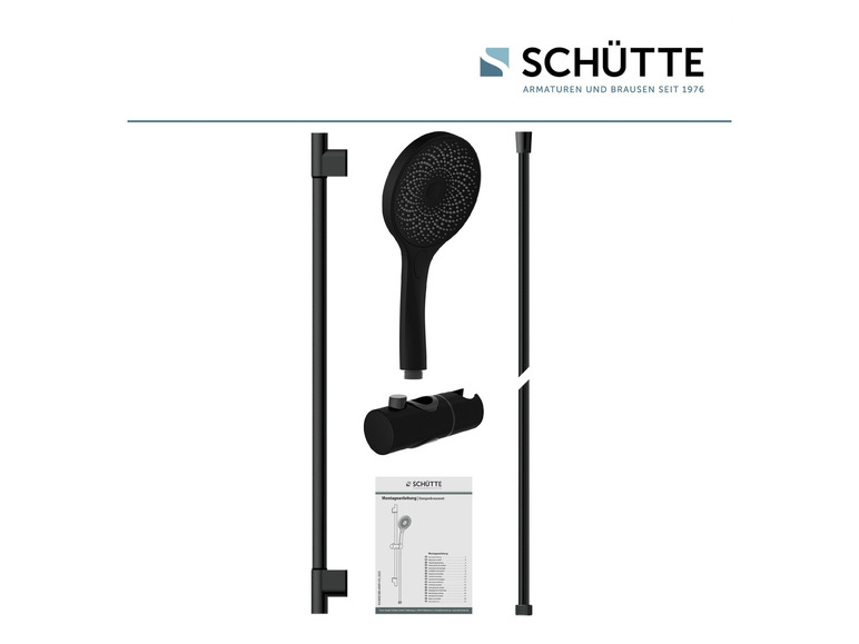 Een zwarte douchekop, douchestang en montagehandleiding van Schütte.