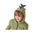 Lachend kind in een groene hoodie met dinosaurusogen en stekels.