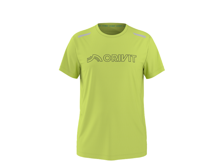 Limoengroen sport T-shirt met logo op de borst en reflecterende details.