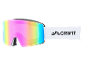 Skibril met regenboogkleurige lens en witte band met zwarte tekst