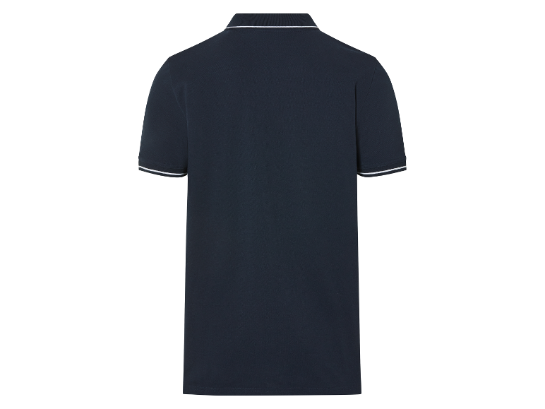 Donkerblauw heren poloshirt met witte boord.