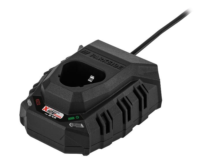 Zwarte Parkside X 12V Team acculader met kabel en laadindicatoren.