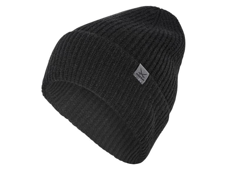 Een zwarte gebreide beanie met het Sansbar-logo.