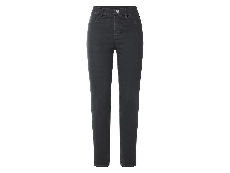 Donkergrijze high-waist skinny jeans voor dames met voorzakken en knoopsluiting.