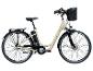 Crèmekleurige Zündapp elektrische fiets met voormand en bagagedrager.