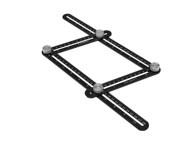 Zwart hoekmeetgereedschap met vier scharnierende armen en zilverkleurige knoppen.