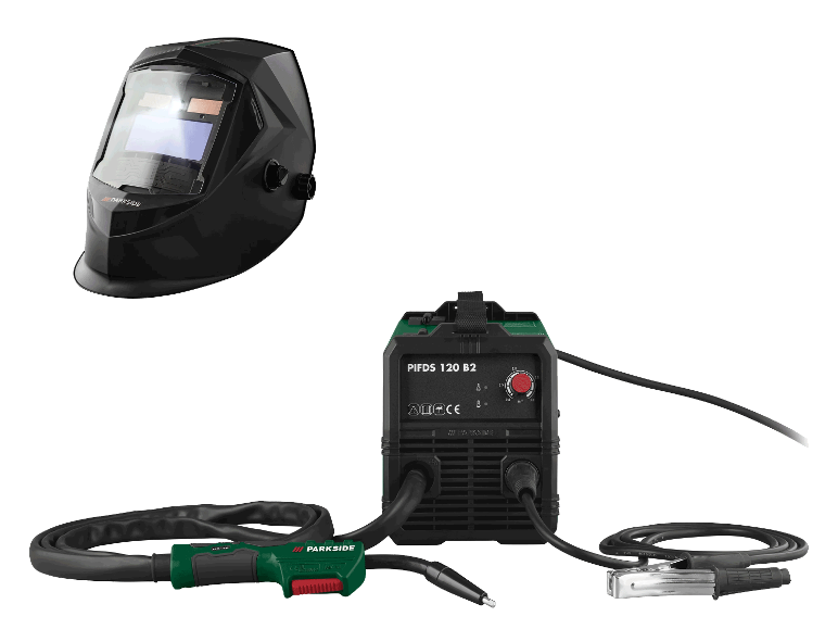 Een Parkside lasmasker en een lasapparaat met accessoires.