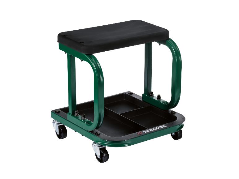 Groene Parkside rolkruk met zwart zitvlak en opbergvakken.