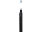 Zwarte elektrische tandenborstel met een blauw-witte opzetborstel