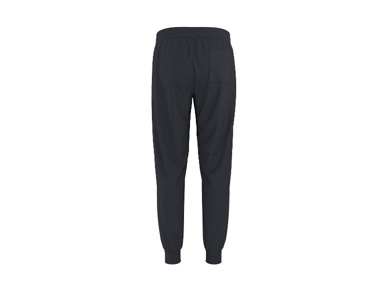 Donkerblauwe herenjoggingbroek met elastische tailleband en boorden, van achteren gezien.