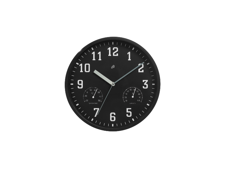 Zwarte wandklok met ingebouwde thermometer en hygrometer.
