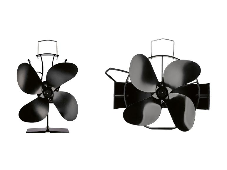 Twee zwarte warmte-aangedreven kachelventilatoren, één vrijstaand en één met beugel.