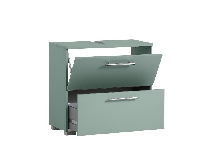 Mintgroene badkamerkast met twee open lades en zilveren handgrepen.