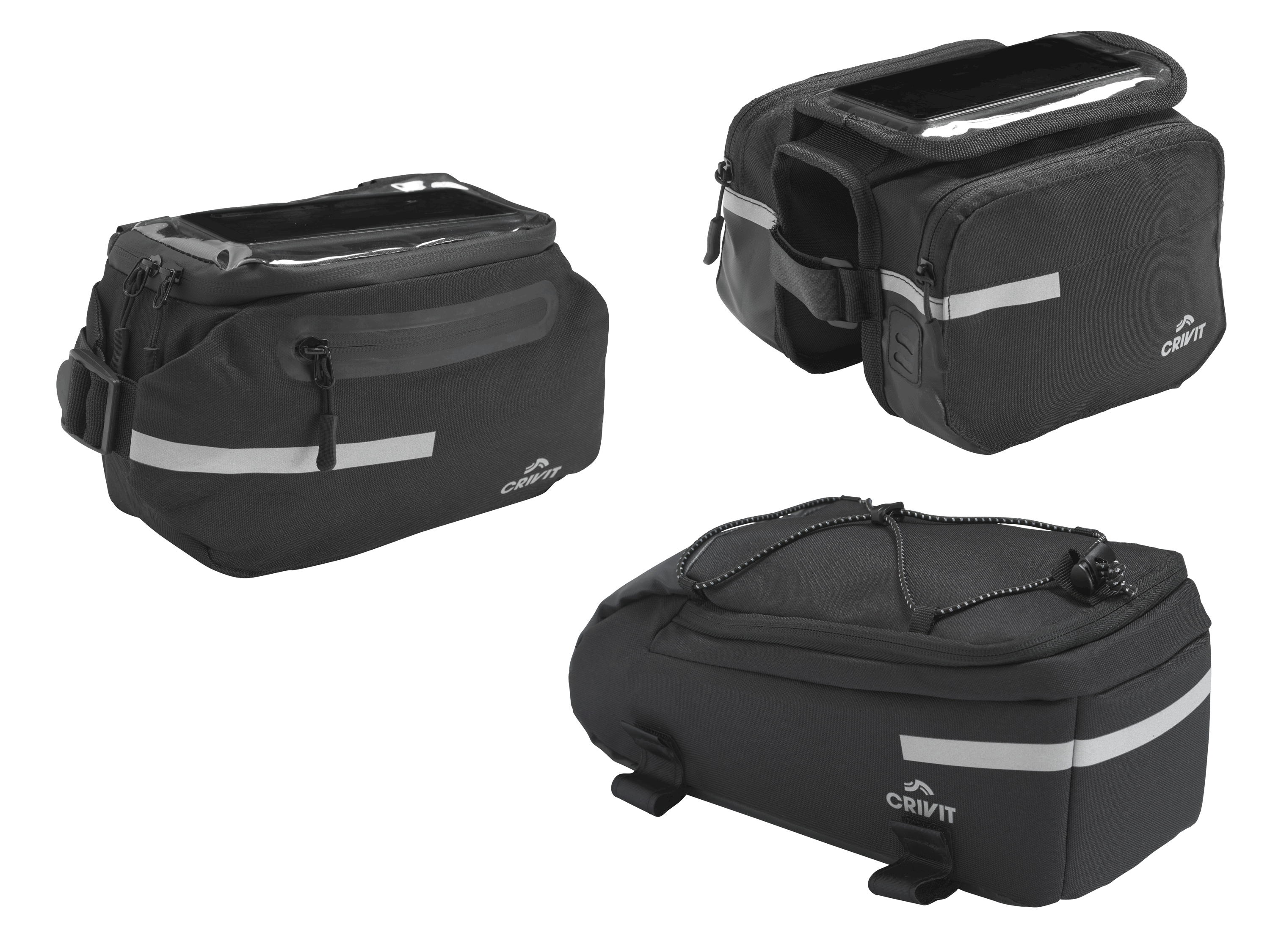 Drie zwarte fietstassen van Crivit met reflecterende strepen.