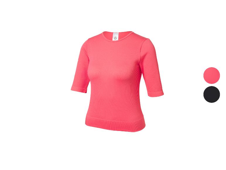 Roze geribbelde top met korte mouwen met zwarte en roze kleurkeuzecirkels.