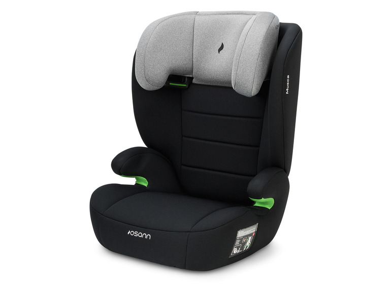 Een zwarte autostoel van het merk Osann, met groene accenten en een grijze hoofdsteun.