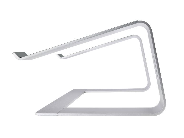 Zilverkleurige aluminium laptopstandaard met een minimalistisch ontwerp.