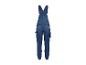 Blauwe denim tuinbroek met meerdere zakken, achteraanzicht.